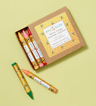 Eco-kids extra large beeswax crayons with the packaging half open to show the crayons