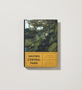 a cover of a book with grey haired woman leaning on a rock and the title Saving Central Park on a grey background.