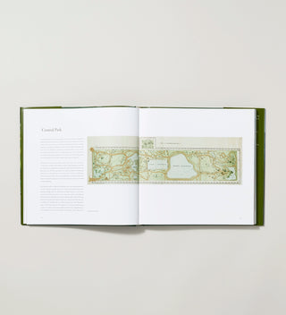 an open spread of a book with a text about Central park and a drawn plan of the paths in Central Park 