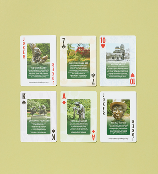 Selection of Central Park playing cards, each featuring images and descriptions of different park landmarks.