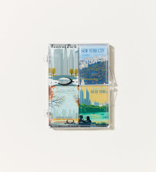 a set of four magnets in a plastic box. Each features a seasonal vignette of Central Park based on vintage Travel Poster art styles. 