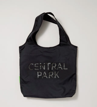 Black tote bag with "Central Park" printed on the front in dark letters