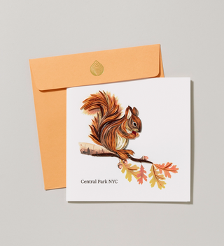 square handmade card with decoration of a squirrel on a branch