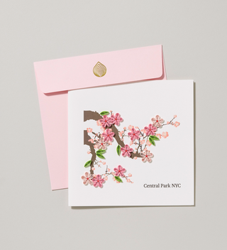 square handmade card with decoration of cherry blossoms on a  branch