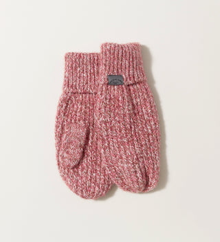 a pair of red and white mélange knit mittens  with a  grey tag that reads Central Park NYC est. 1858  on a grey background 