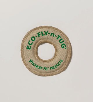 a  donut shaped hemp fabric disc with text in green including ECO-FLY-n-TUG and Honest Pet Products 