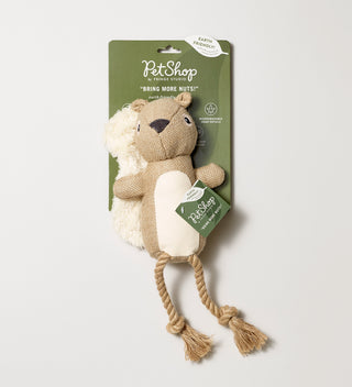 Packaged PetShop by Fringe Studio plush squirrel toy for dogs with the tag showing