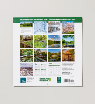 Back of a closed calendar showing  a preview of 12 images of Central Park and calendar page template