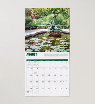 an open calendar spread featuring an image of the fountain in the English garden in Conservatory  Garden