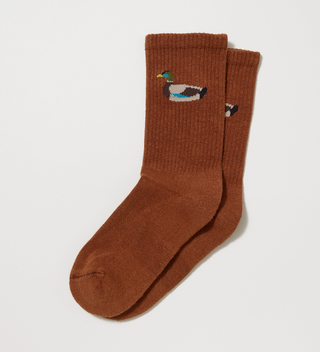 American Trench brown socks with a male mallard duck on them