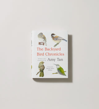 Cover of the book 'The Backyard Bird Chronicles' by author Amy Tan, featuring illustrations of different birds.