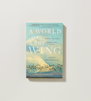 a cover of a book with a photograph of flying birds and clouds and the title 'A World on the Wing' in White text, on a grey background