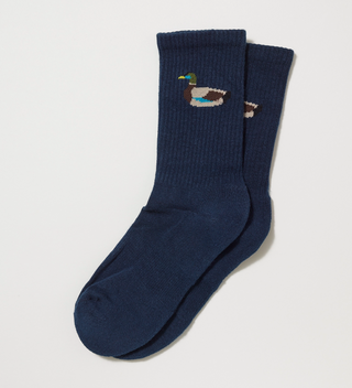 American Trench navy blue socks with a duck on them