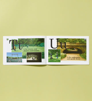 Inside spread image of The ABCs of Central Park, An Alphabet Guidebook book, tennis court detail and bridge detail