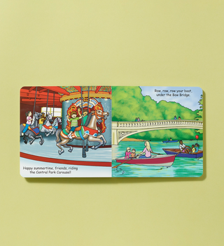 Illustrated book spread showing children riding the Central Park Carousel and people rowing boats under the Bow Bridge.