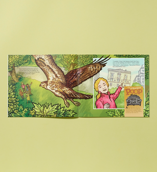 Inside spread of the book 'Who Pooped in Central Park?' showing an illustration of a hawk flying and a girl pointing towards a building.