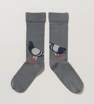 a pair of grey socks with pigeon designs