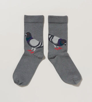 a pair off grey socks with pigeon designs