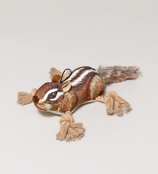 A side view of a canvas and rope dog toy in the shape and design of a chipmunk