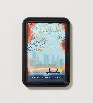 Single image of Central Park Travel Poster tray featuring a New York City skyline and Bow Bridge in Autumn