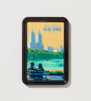 Single image of Central Park Travel Poster tray featuring two people sitting on a bench overlooking The Lake in Central Park