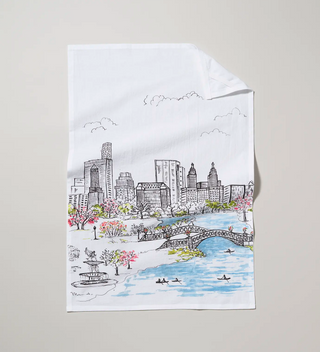 Unfolded flour sack tea towel featuring a scene of row boats on the Lake in Central Park