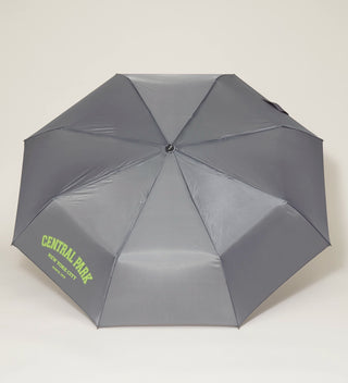 An open grey umbrella with CENTRAL PARK New York City  Since 1858 printed in light green against a light grey background