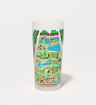 Frosted drinking glass with a detailed map illustration of Central Park, showcasing landmarks such as the Reservoir and Belvedere Castle.