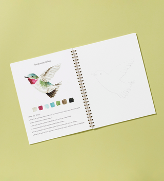 Birds watercolor workbook, open to the hummingbird page 