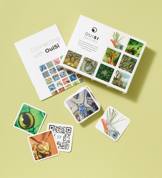 OuiSi Nature photo card game box opened with cards and a booklet displayed on a light green background.