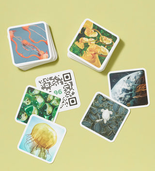 Stack of OuiSi Nature photo cards with different nature images spread out on a light green background.