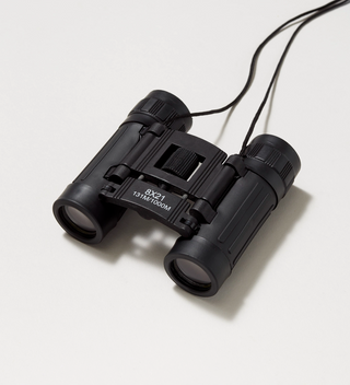 Black binoculars with neck strap, angled view.