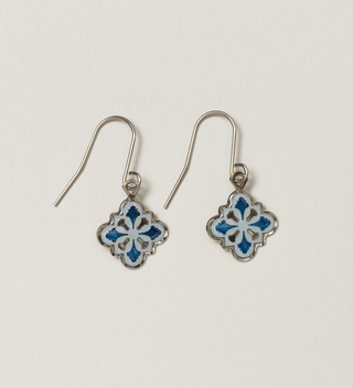 Central Park blue Minton Tile earrings, with designs inspired by the tile ceiling at Bethesda Terrace Arcade