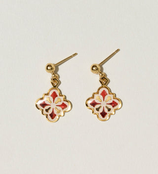 Central Park red Minton Tile earrings, with designs inspired by the tile ceiling at Bethesda Terrace Arcade