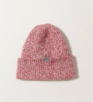 a red and white marled yarn knit hat with woven wraparound tag that reads 'Central Park Est. 1858, NYC' on a grey background