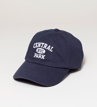 Navy blue baseball cap with white embroidered text 'Central Park NYC' on the front