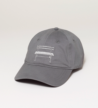 Gray baseball cap with a Central Park bench embroidered on the front