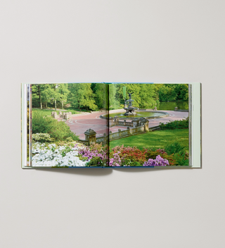 Inside spread of Hardcover book titled "Seeing Central Park: The Official Guide Updated and Expanded" by Sara Cedar Miller with pages displaying an image of Bethesda Terrace and Fountain in Central Park