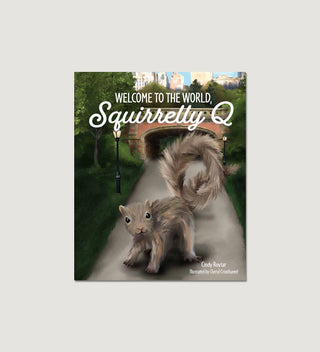 A cover of a book featuring an illustration of a squirrel on a path near one of the Bridges in Central Park  