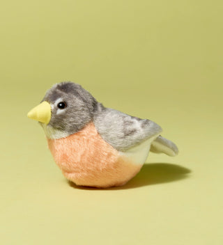 Audubon plush toy, American robin bird, facing left on a light green background