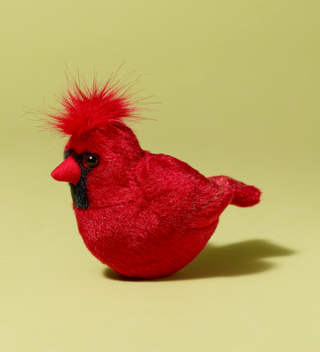 Audubon plush toy, Cardinal bird in red, facing left on a light green background