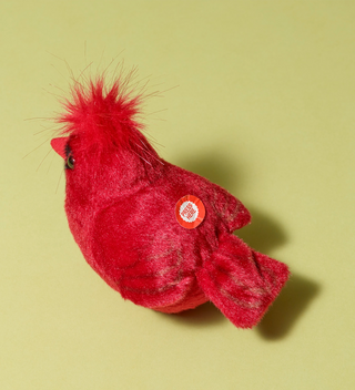 Audubon plush toy, Cardinal bird in red with a button labeled 'Press Here' on its back to hear an authentic bird call from the Cornell Lab of Ornithology's wildlife recordings