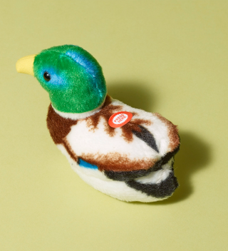 Audubon plush toy, Mallard duck with a green head, yellow beak, and a button labeled 'Press Here' on its back to hear an authentic bird call from the Cornell Lab of Ornithology's wildlife recordings