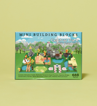 Mini building blocks kit box for Central Park, New York City, showing a completed model of park landmarks.