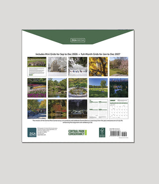 Back cover of a  calendar , showing a white layout with a dark green top banner, a grid of landscape and architectural photos, small calendar inserts, and publisher logos and Central Park Conservancy logo.