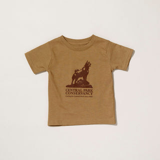 Brown t-shirt with Central Park Conservancy Balto design and wordmark on a gray background