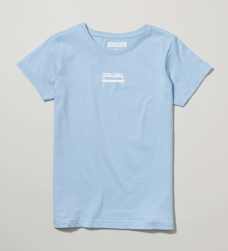 Light blue v-neck t-shirt with a Central Park bench