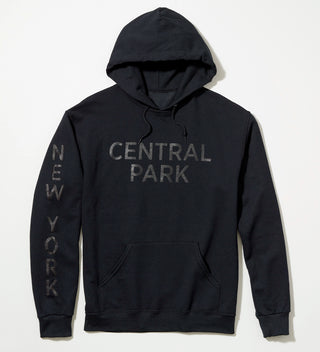 Black "Central Park" hoodie with "New York" written vertically on the right sleeve