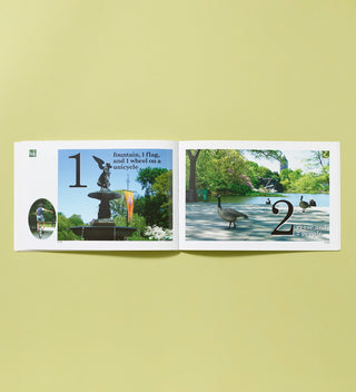 Inside spread image of The ABCs of Central Park, An Alphabet Guidebook book, a unicyclist, statue detail and geese by the water