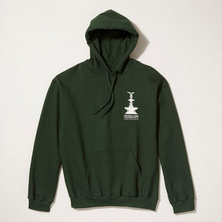 Forest green hoodie with an antique white print of   logo on the chest against a white background Bethesda Fountain Central Park Conservancy design printed on the left chest